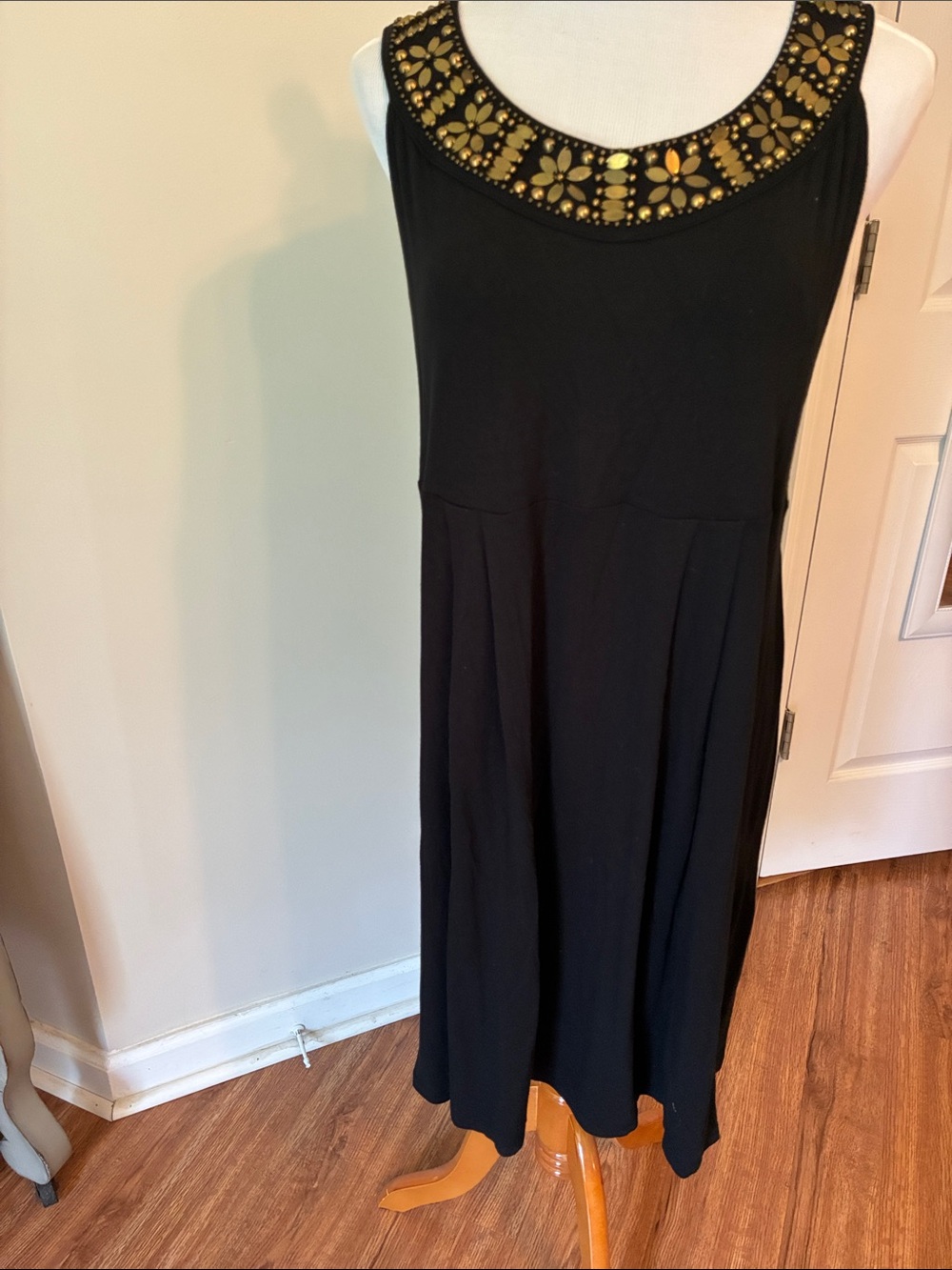 MICHAEL Michael Kors Black Midi Dress with Gold Embellished Neckline